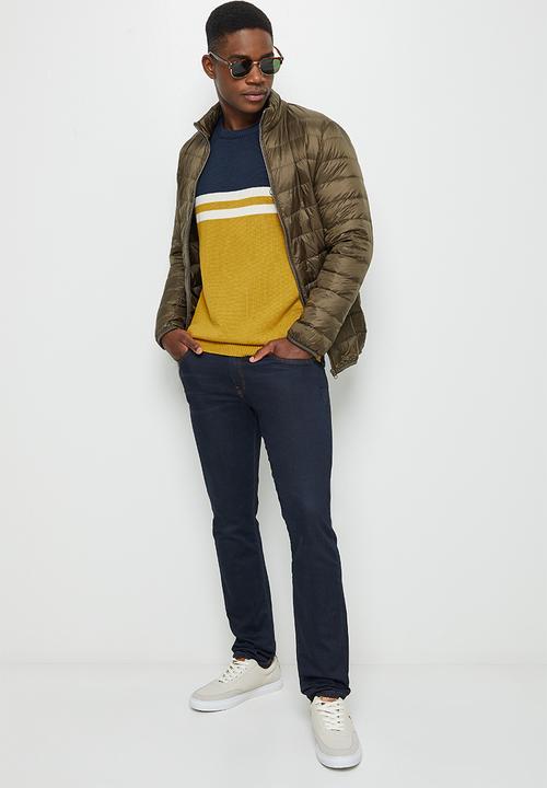 Lark & Crosse - Stripe pattern crew neck knit - navy & yellow 