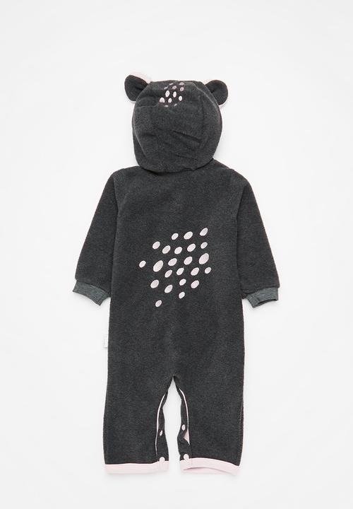 Little Lumps - Bear spotted polar babygro - charcoal/pink lining