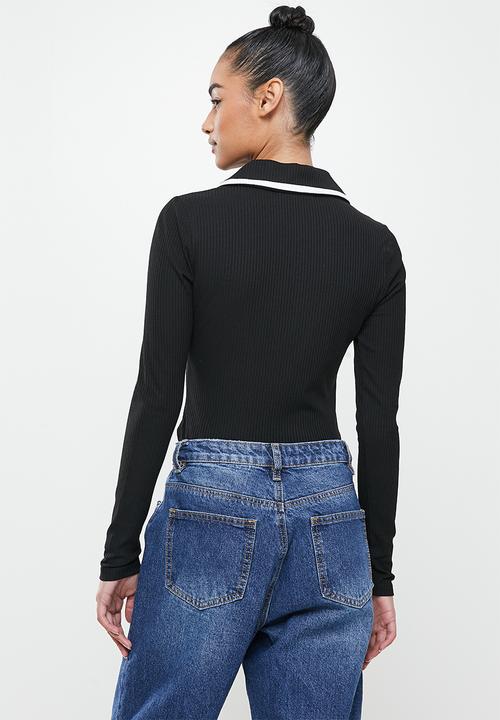Glamorous - Petite contrast piping long sleeve bodysuit - black