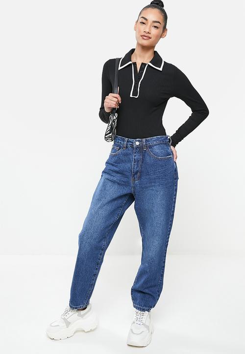 Glamorous - Petite contrast piping long sleeve bodysuit - black