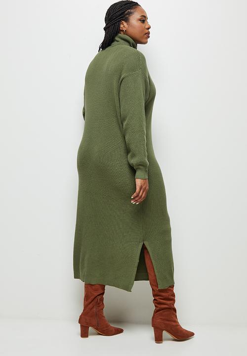 edit Plus - Highneck column knitwear dress- khaki