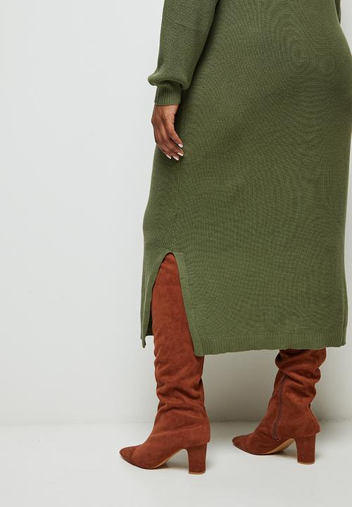 edit Plus - Highneck column knitwear dress- khaki