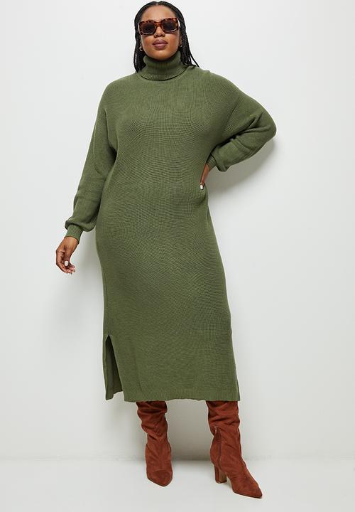 edit Plus - Highneck column knitwear dress- khaki