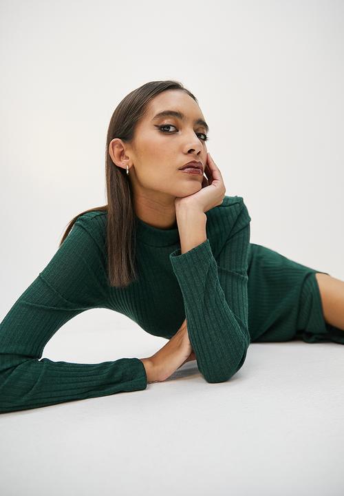 VELVET - High neck knit maxi with thigh slit - bottlegreen
