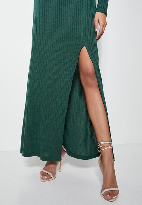 VELVET - High neck knit maxi with thigh slit - bottlegreen