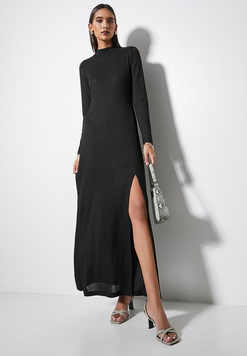 VELVET - High neck knit maxi with thigh slit - black
