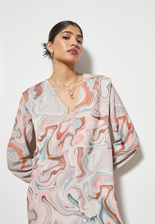 VELVET - Tucked shoulder maxi trapeze dress - neutral marble
