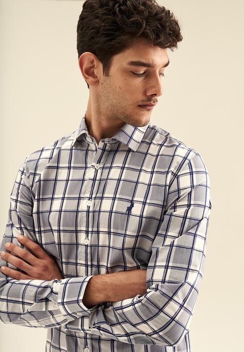 POLO - Men check long sleeve shirt - white & navy 