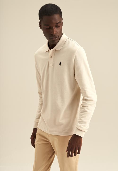 POLO - Mens plain pique long sleeve golfer - ecru