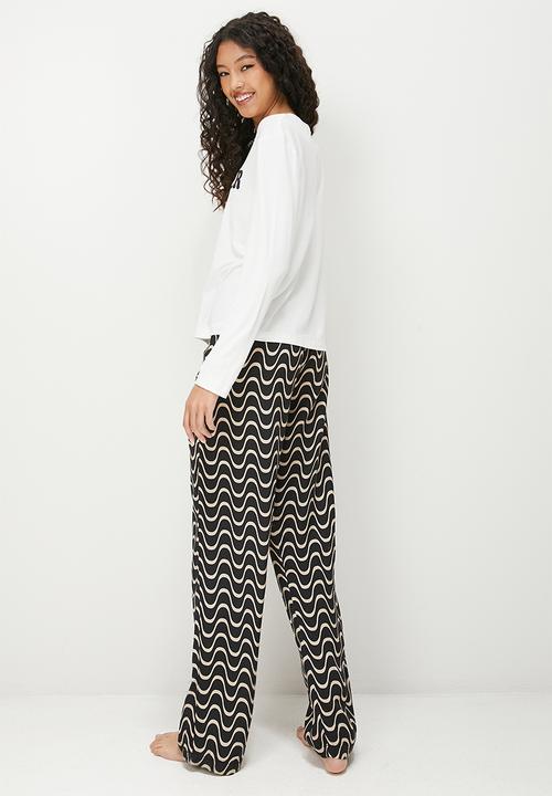Blake - Placement print top & printed trouser sleep set - stone & waveprint