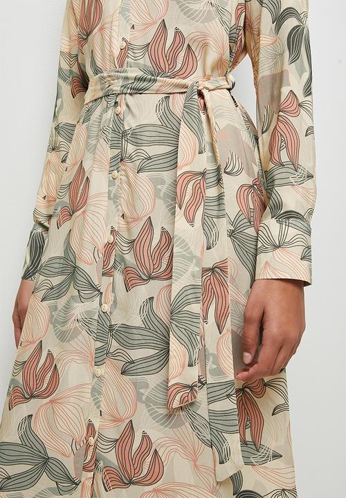 edit - Notch neck collared midi shirt dress - soft linear leaves
