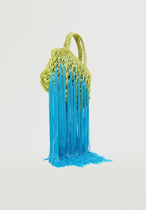 MANGO - Fringed handbag - lime & blue