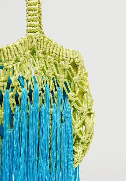 MANGO - Fringed handbag - lime & blue