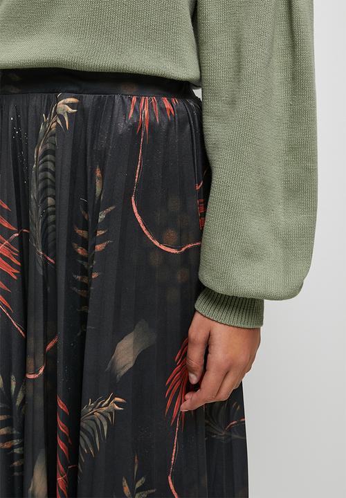 edit - Printed knit pleated midi skirt - dark foliage