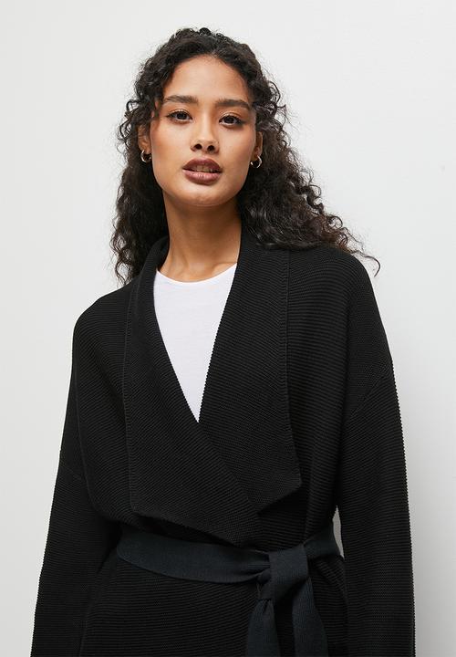 edit - Ribbed longline belted cardigan - black