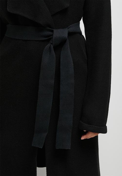 edit - Ribbed longline belted cardigan - black
