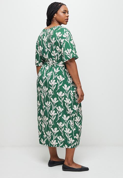 edit Plus - Notch neck belted column dress - green & cream floral
