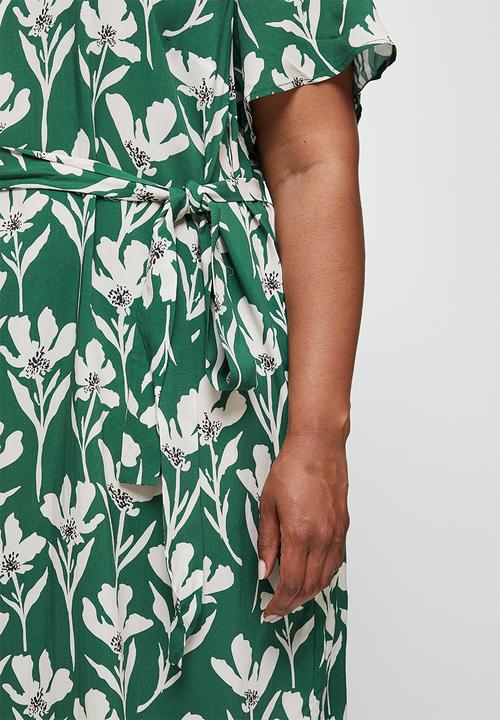 edit Plus - Notch neck belted column dress - green & cream floral