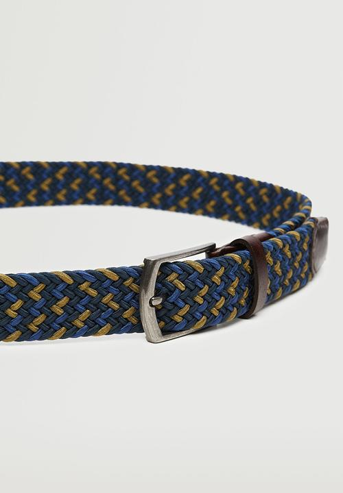 MANGO - Leather-appliqué braided belt - blue