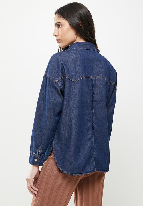 Koton - Classic neck long sleeve jean shirt - blue