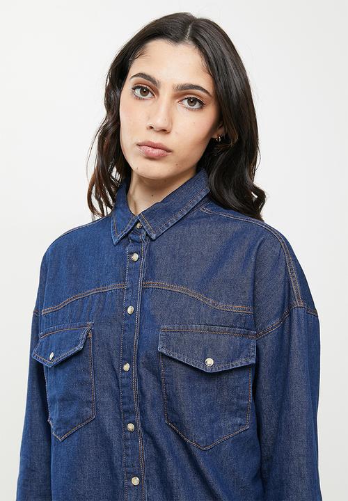 Koton - Classic neck long sleeve jean shirt - blue