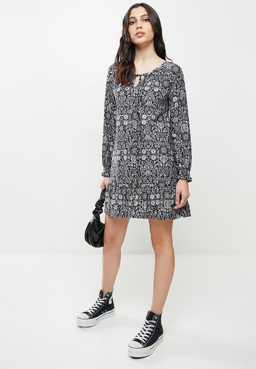 Koton - Long sleeve mini floral dress - black