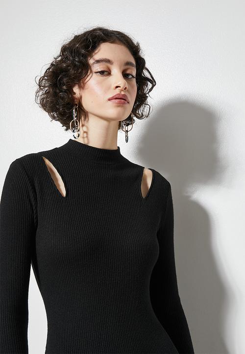 VELVET - Soft touch rib cut out shoulder midi dress - black
