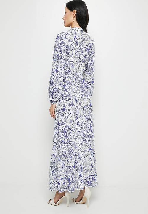 edit - Button down mandarin collar tier maxi - blue & white