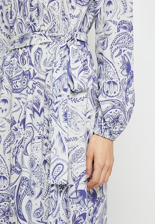 edit - Button down mandarin collar tier maxi - blue & white
