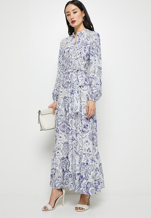 edit - Button down mandarin collar tier maxi - blue & white
