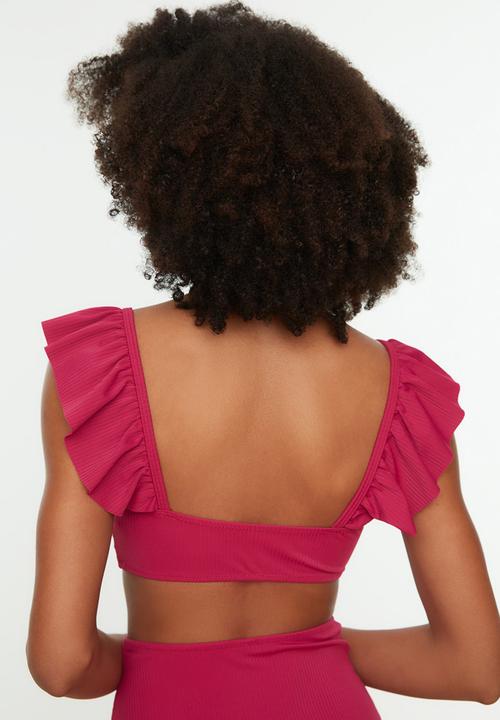 Trendyol - Textured fabric frilly bikini top - fuchsia