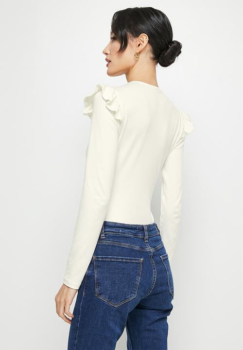 MILLA - Ruffle shoulder V-neck bodysuit - milk