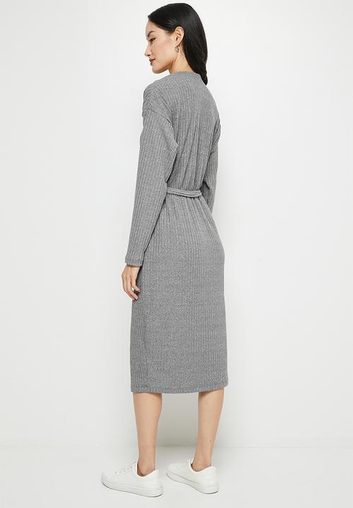 edit - Ribbed knit belted dolman midi - ice grey