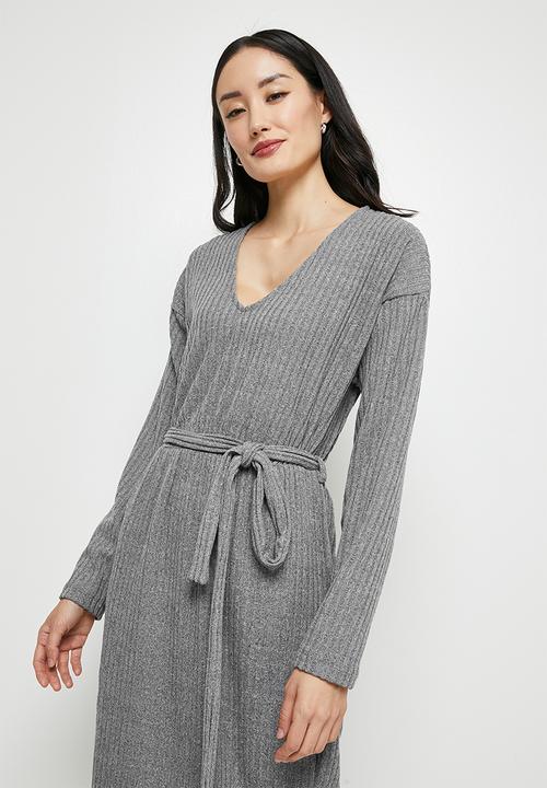 edit - Ribbed knit belted dolman midi - ice grey