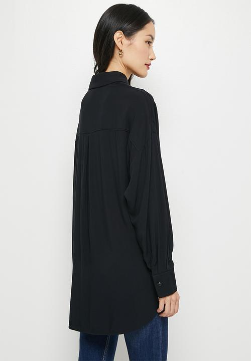 edit - Mandarin collar longline shirt - black