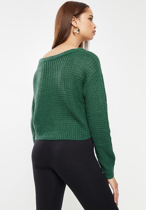 Missguided - Recycled waffle off shoulder jumper - dark green