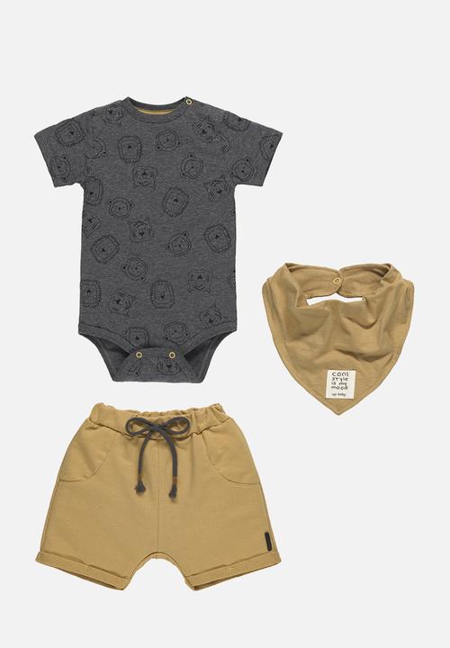 UP Baby - Bodysuit, bib and sweat bermuda - grey & sand