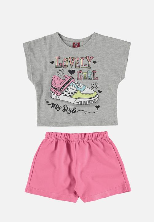 Bee Loop - Crop top and sweatshorts - grey & pink