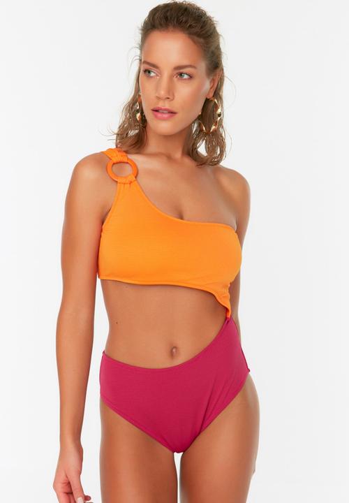 Trendyol - Color block swimsuit - fuchsia & orange 