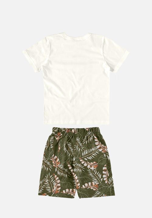 Bee Loop - Tee and sweat bermuda - off white & green