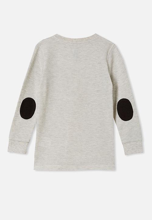 Cotton On - Long sleeve waffle crew elbow patches - light grey marle & phantom