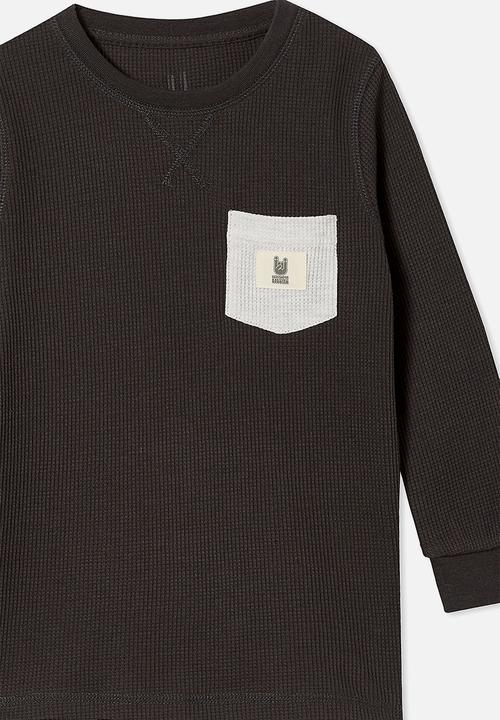 Cotton On - Long sleeve waffle crew elbow patches - phantom & light grey marle