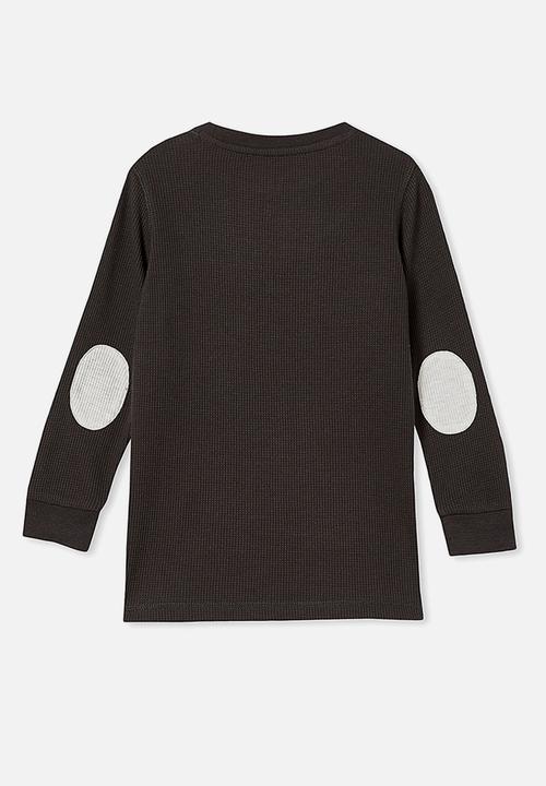 Cotton On - Long sleeve waffle crew elbow patches - phantom & light grey marle