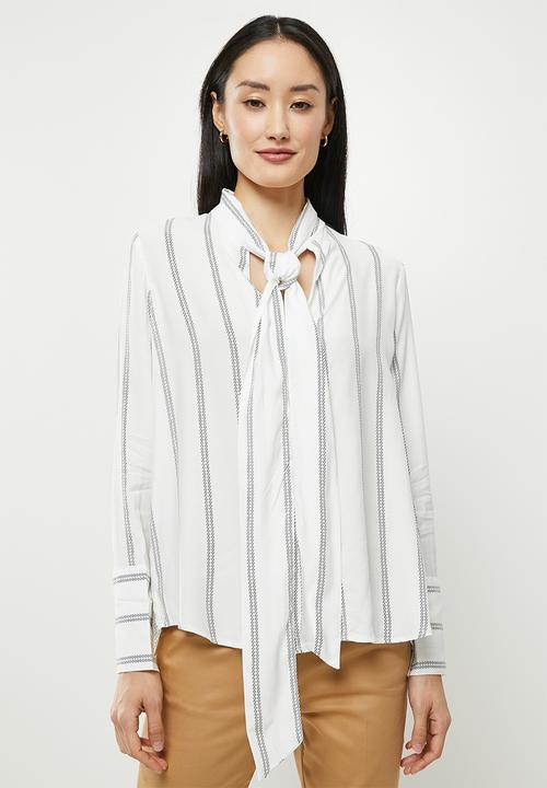 Koton - Neck detailed long sleeve striped shirt - white