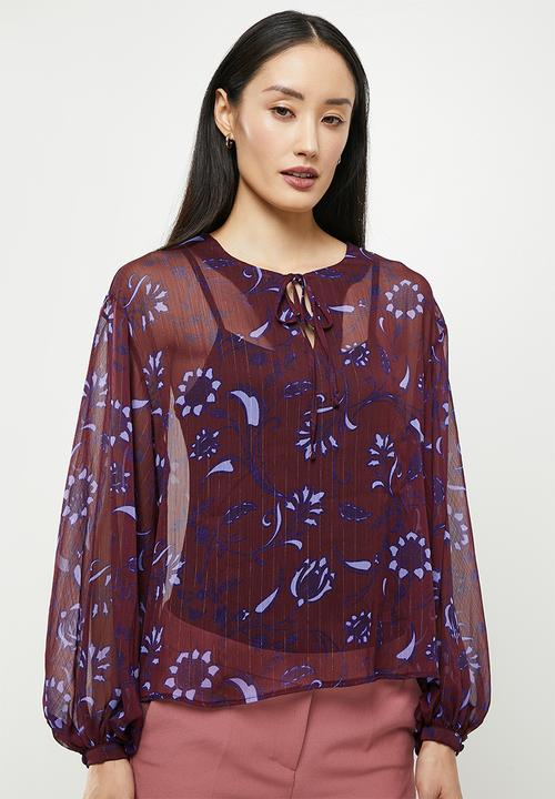 Koton - V neck long sleeve tulle detailed blouse - purple