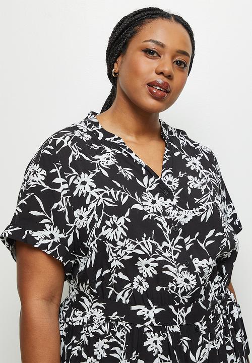 edit Plus - Mandarin collar belted a-line dress - black & white 