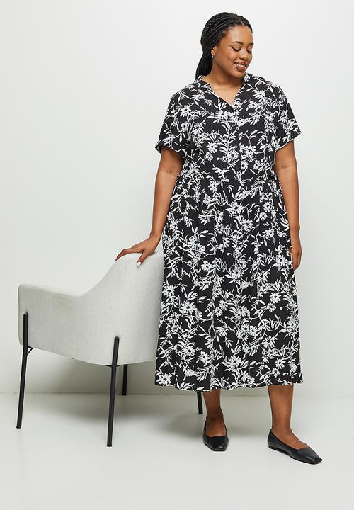 edit Plus - Mandarin collar belted a-line dress - black & white 