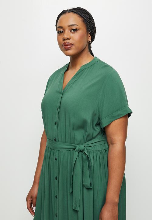 edit Plus - Mandarin collar belted a-line dress - trekking green