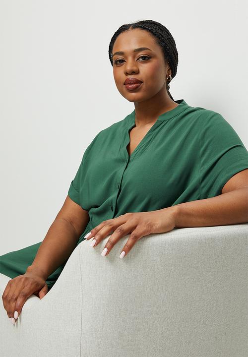 edit Plus - Mandarin collar belted a-line dress - trekking green
