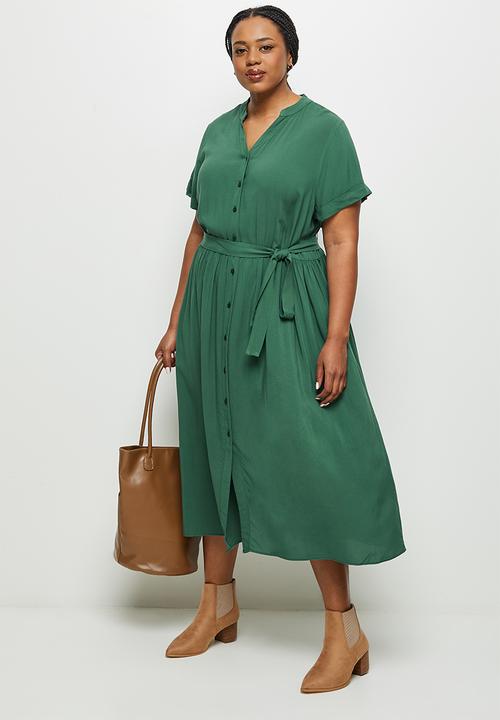 edit Plus - Mandarin collar belted a-line dress - trekking green